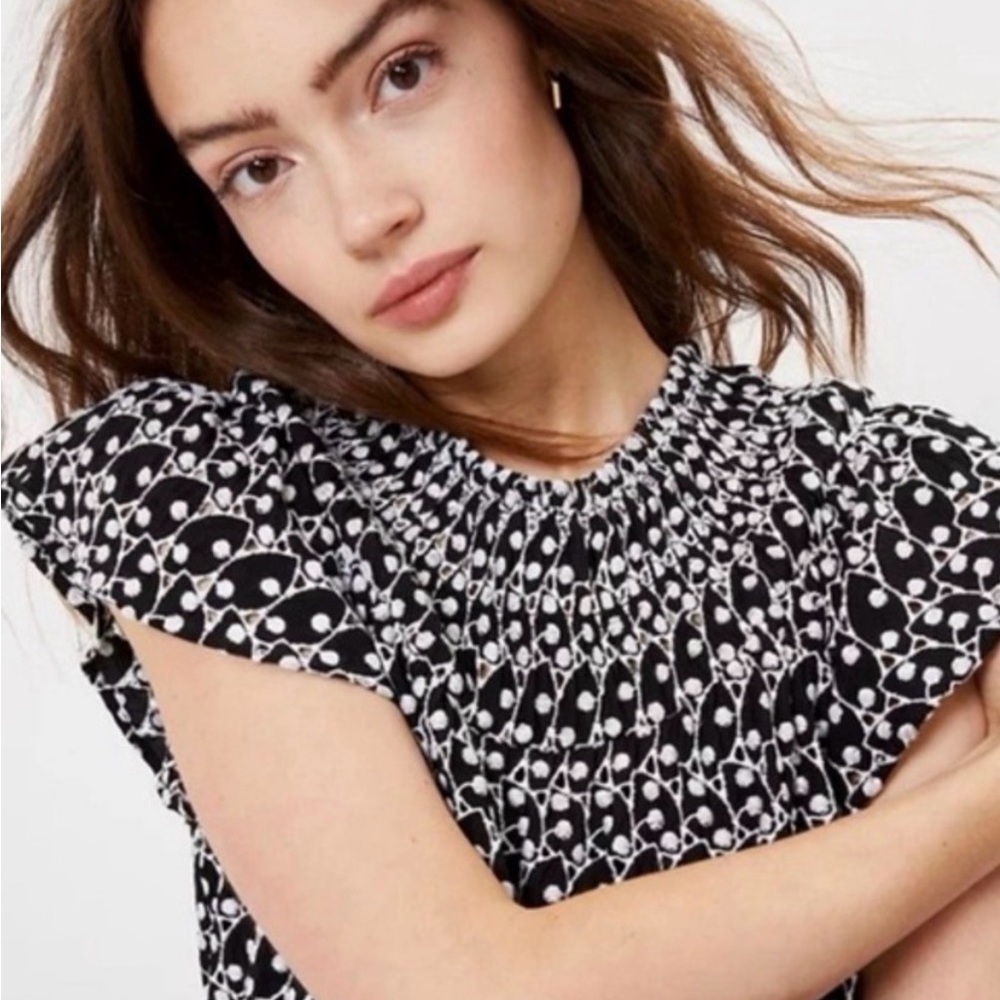 Loft XL Swing Dress Black White Eyelet Embroidered Flutter Short Sleeve Smocked - Picture 11 of 11